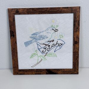 Handmade Vintage Embroidered Idaho State Bird & Flower Framed 9x9”